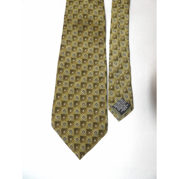 Vtg Oscar De La Renta Mens Silk Neck Tie Geometric Squares Green Neutral Italy - Picture 7 of 12
